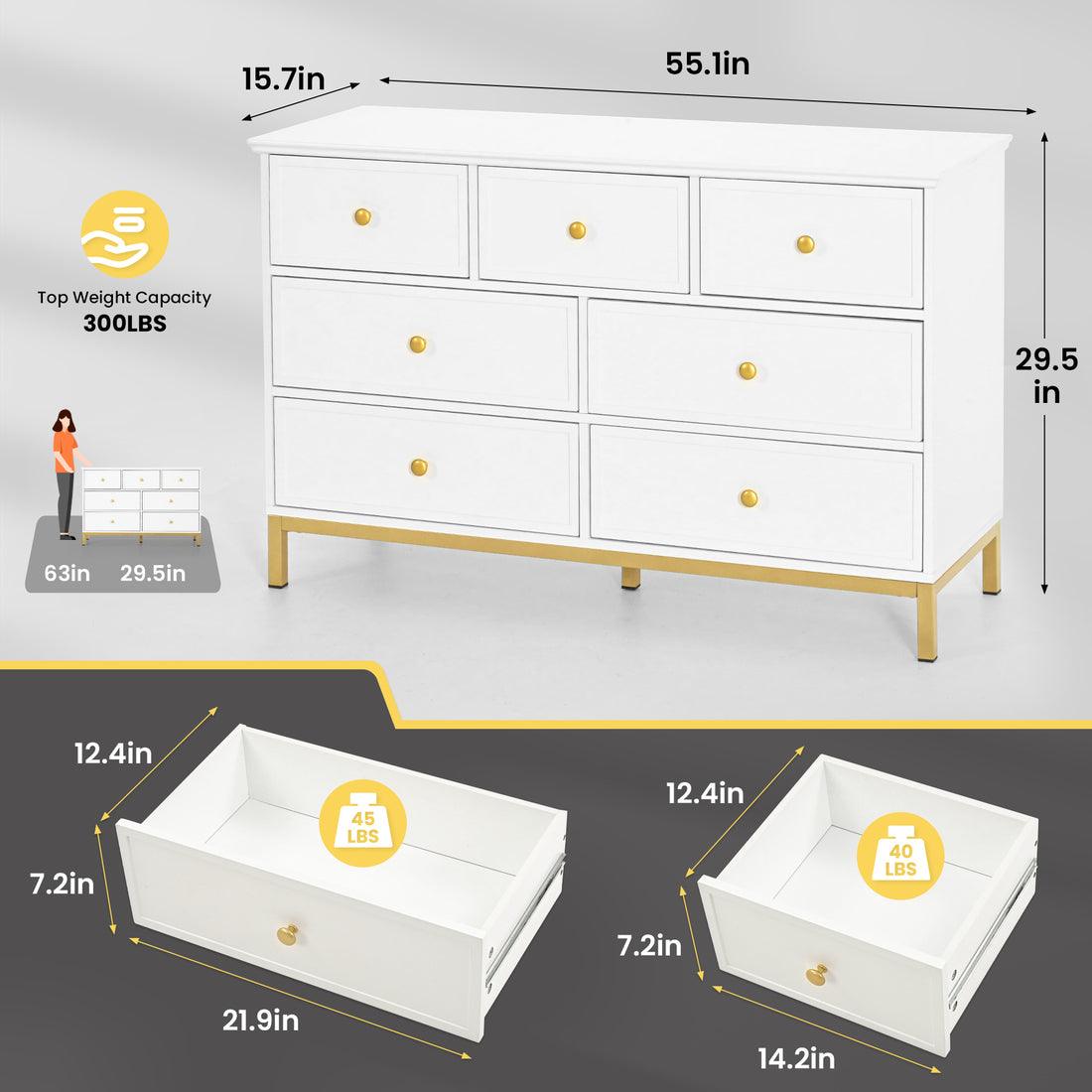 7-Drawer Dresser, White with Gold Accents