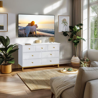 7-Drawer Dresser, White with Gold Accents