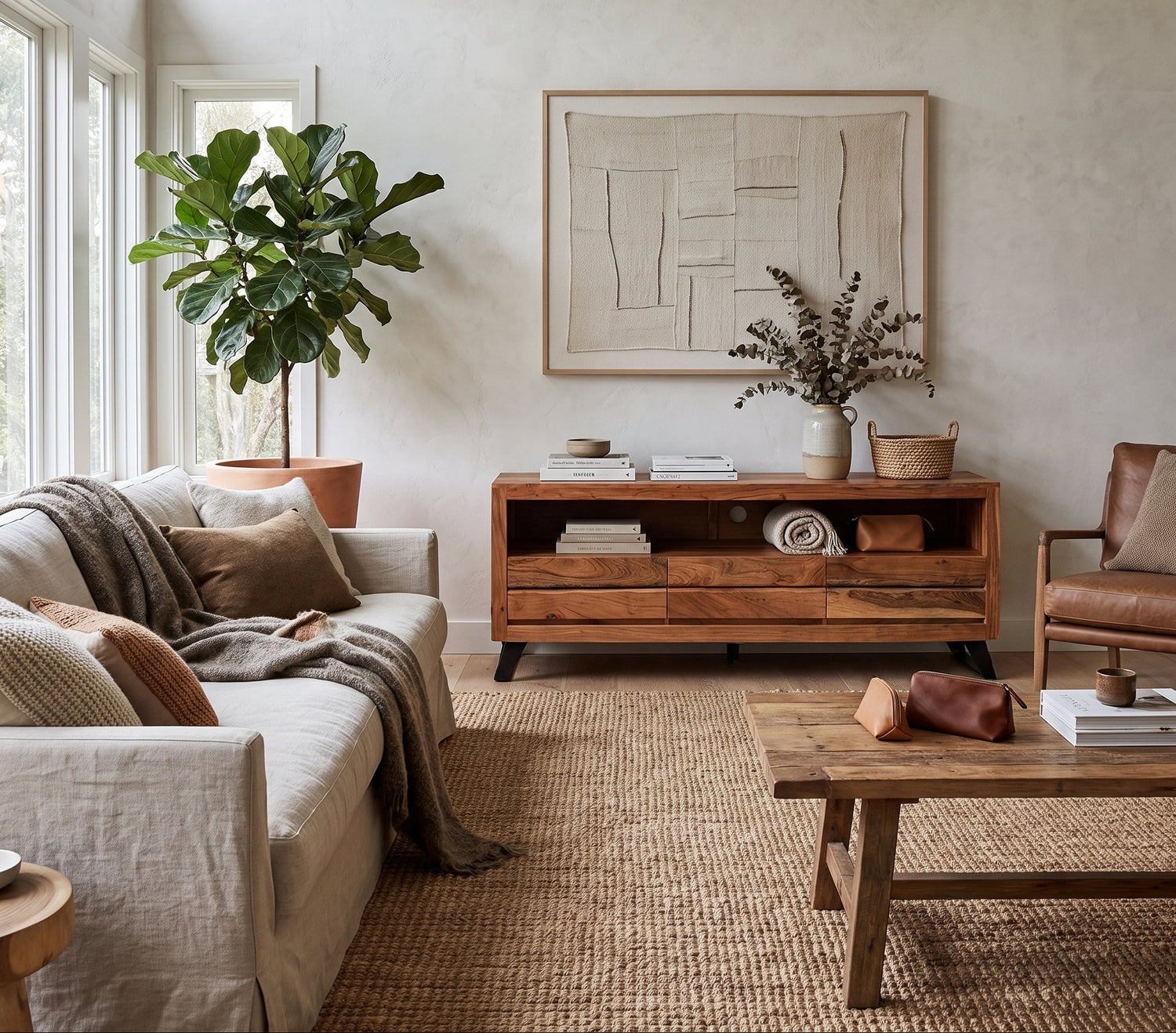 Modern rustic living room with a neutral linen sofa, wooden media console, jute rug, and minimalist wall art.