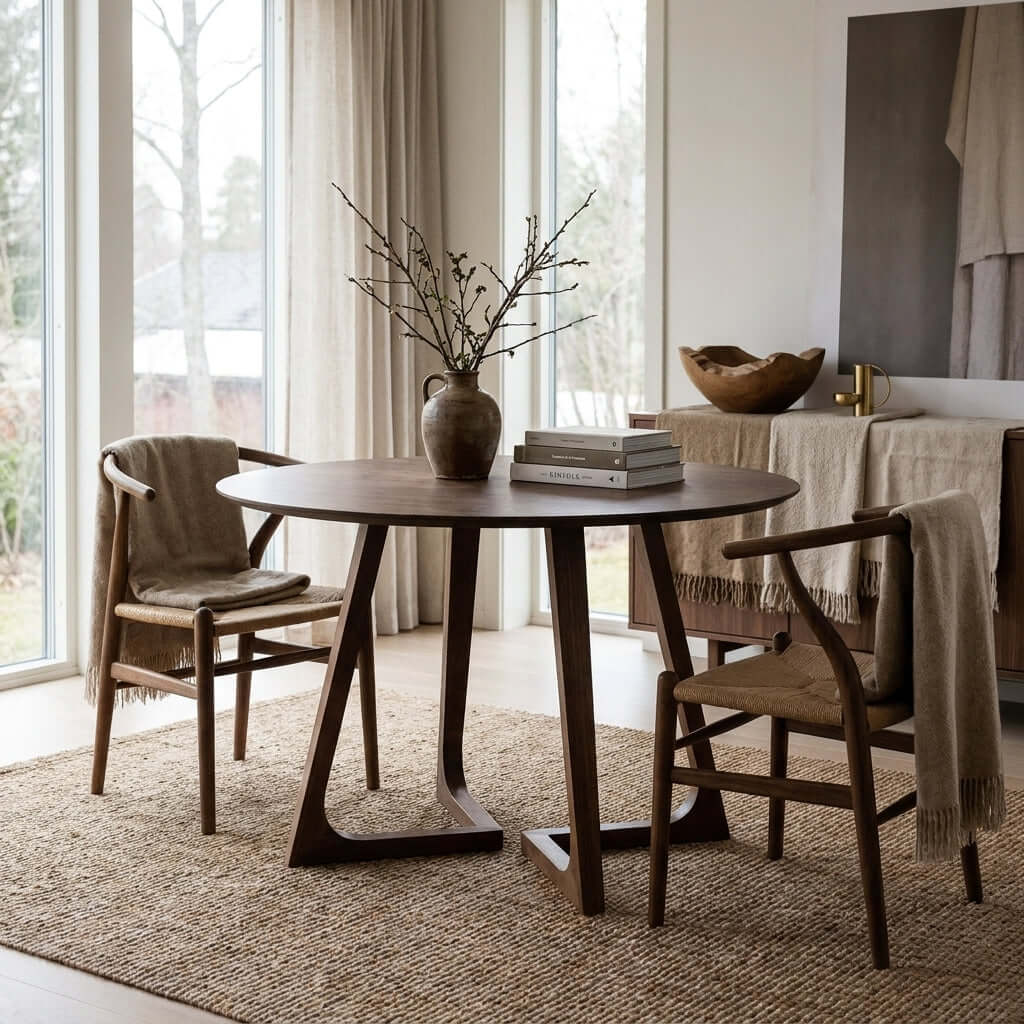 Minimalist dining room with a round wooden table, woven chairs, and neutral decor in a bright, modern Scandinavian home.