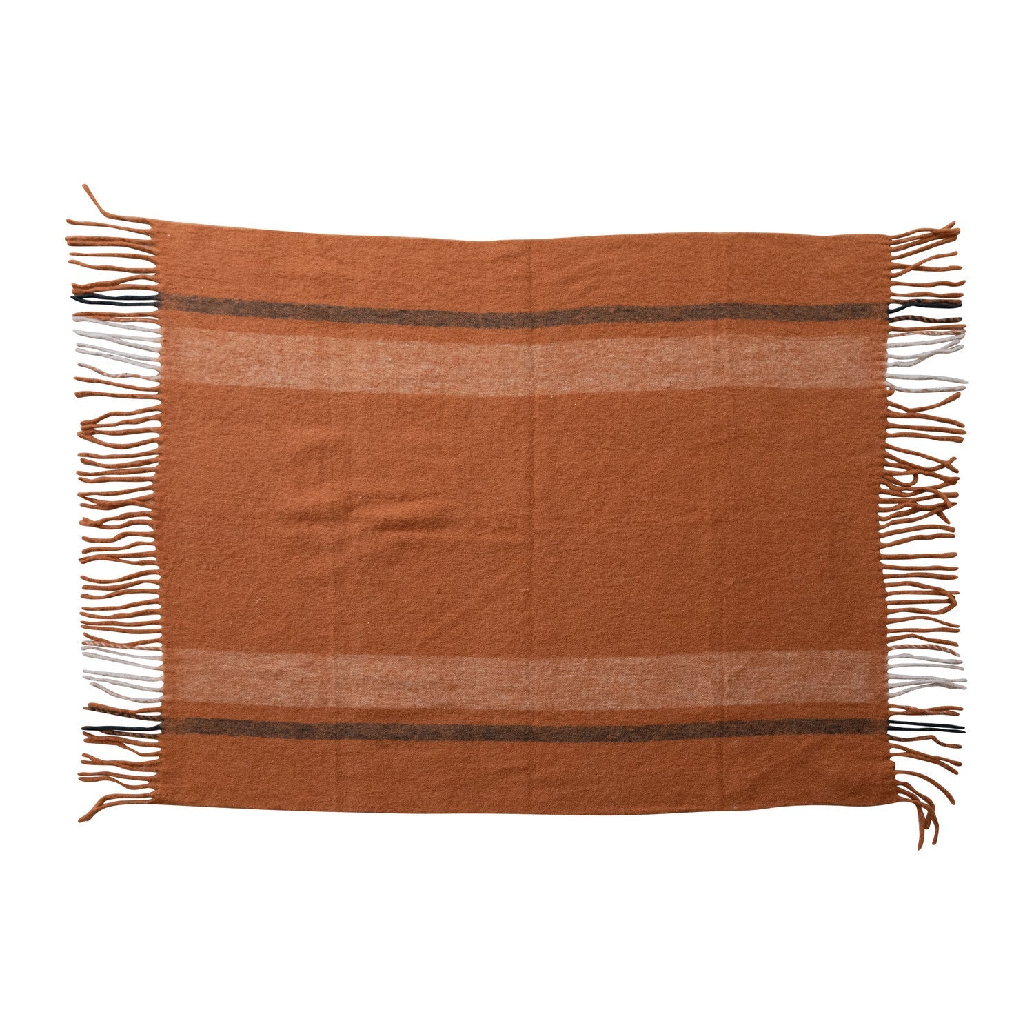 Brushed Orange Acrylic &amp; New Zealand Wool Throw Blanket with Stripes &amp; Fringe