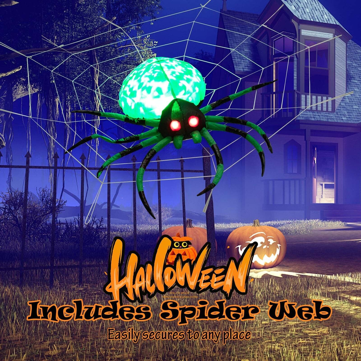 5 Ft Long Inflatable Creepy Spider with Cobweb and LEDs - Halloween Yard Decor