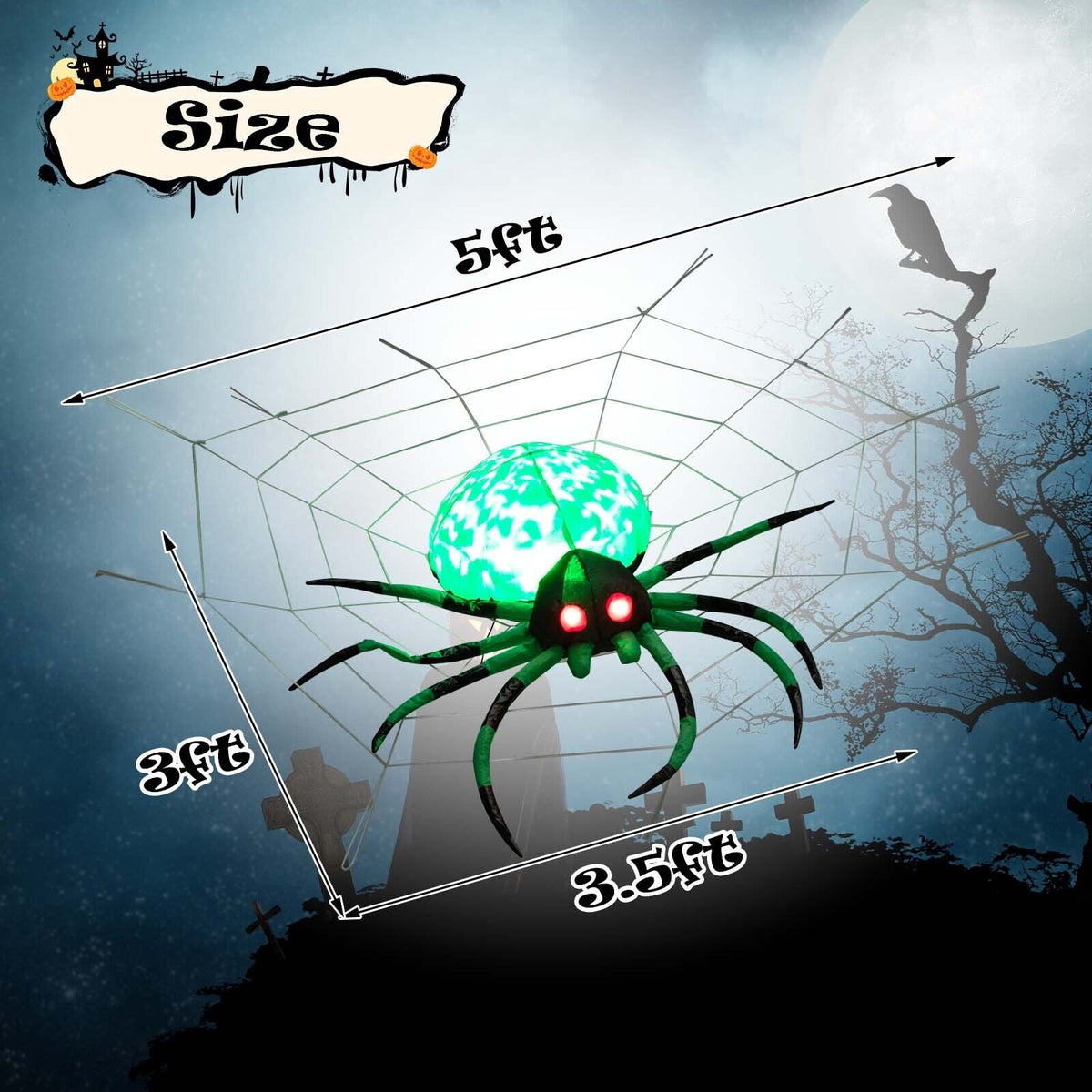 5 Ft Long Inflatable Creepy Spider with Cobweb and LEDs - Halloween Yard Decor