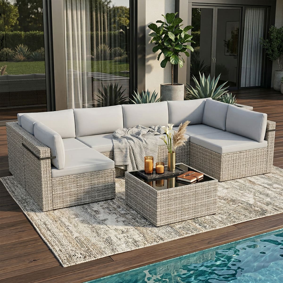 Rattan Outdoor Sectional Couch Set  (7 Pieces) - 5 Colors
