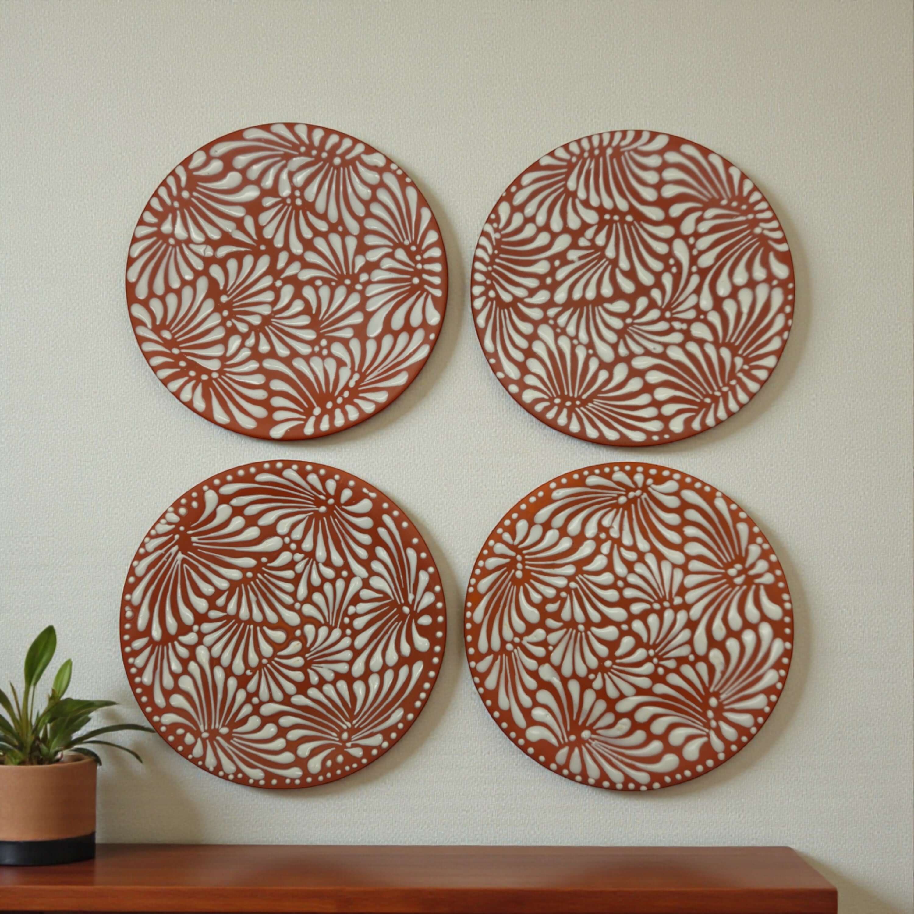 Set of 4 Terracotta &amp; White Talavera Wall Plates | 10" Decorative Display