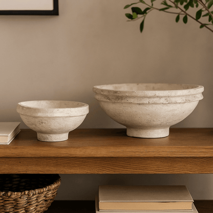 Decorative Paper Mâché Bowls, Aged White Finish - 2 Pc Set