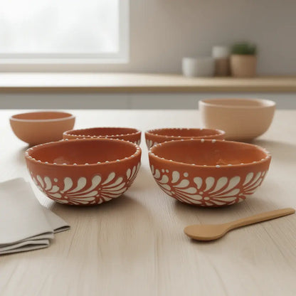 Set of 4 Handmade Brown &amp; White Talavera Bowls | Artisan Dinnerware