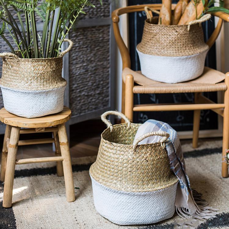 Straw Pop Up Belly Baskets in Natural, Blue, or White