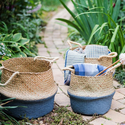 Straw Pop Up Belly Baskets in Natural, Blue, or White