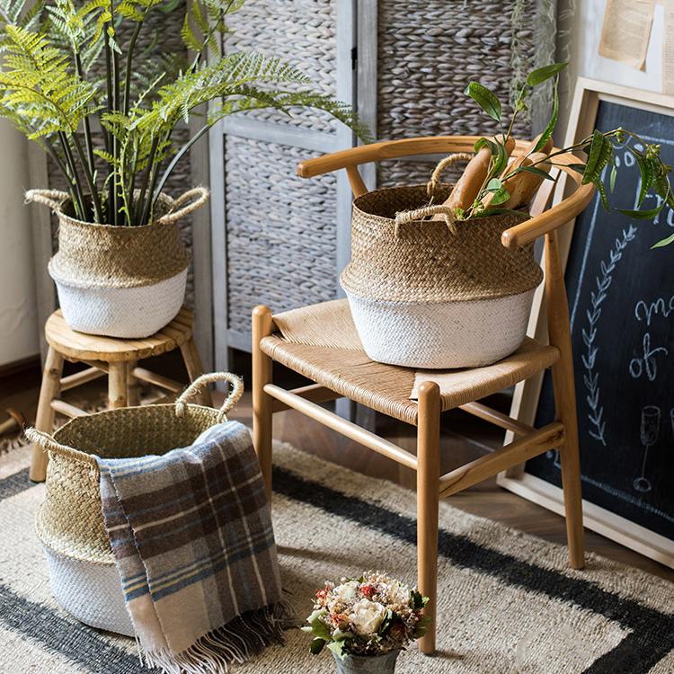Straw Pop Up Belly Baskets in Natural, Blue, or White