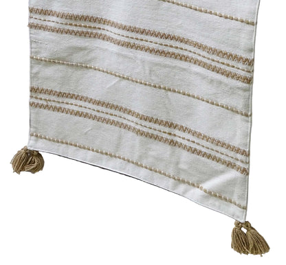 Tan Stripe Embroidered Cotton Table Runner With Tassels - 16" x 90"