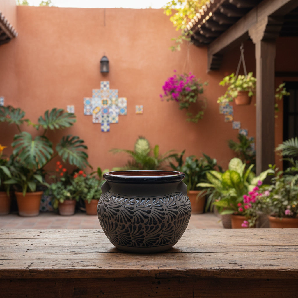 Talavera Floral Pot | Handmade Black Design