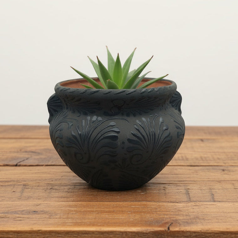 Talavera Floral Pot | Handmade Black Design