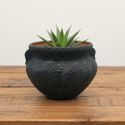 Talavera Floral Pot | Handmade Black Design