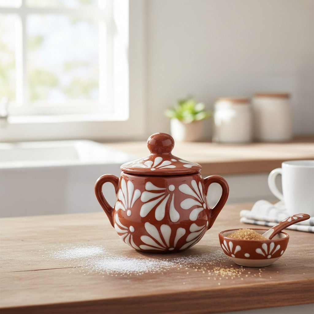 Talavera Sugar Jar | Brown &amp; White Floral