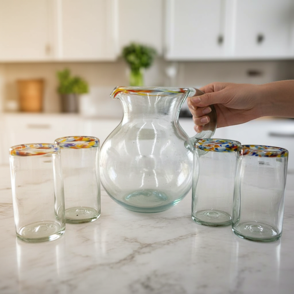 Mexican Hand-Blown Glass Pitcher | Confetti Rim