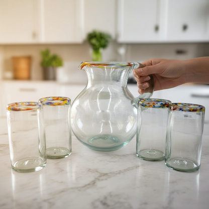 Mexican Hand-Blown Glass Pitcher | Confetti Rim