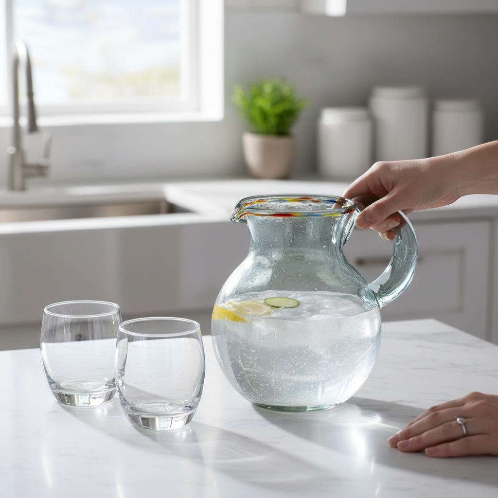 Mexican Hand-Blown Glass Pitcher | Confetti Rim