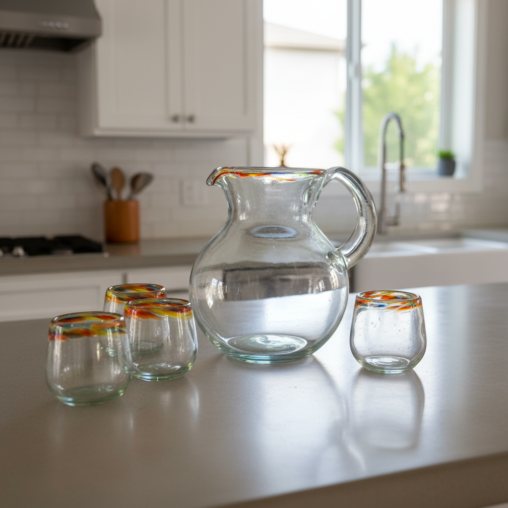 Mexican Hand-Blown Glass Pitcher | Confetti Rim