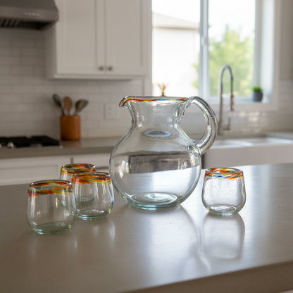 Mexican Hand-Blown Glass Pitcher | Confetti Rim
