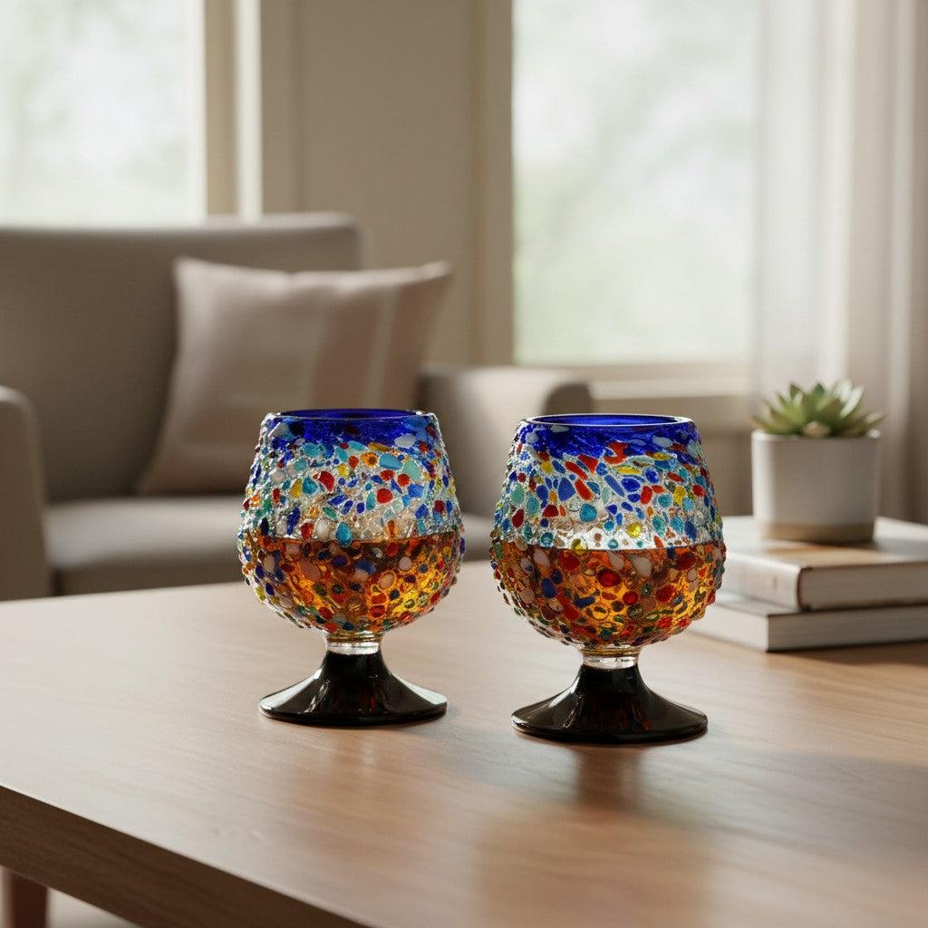 Mexican Confetti Rock Shot Glass | Blue Rim Cognac Style
