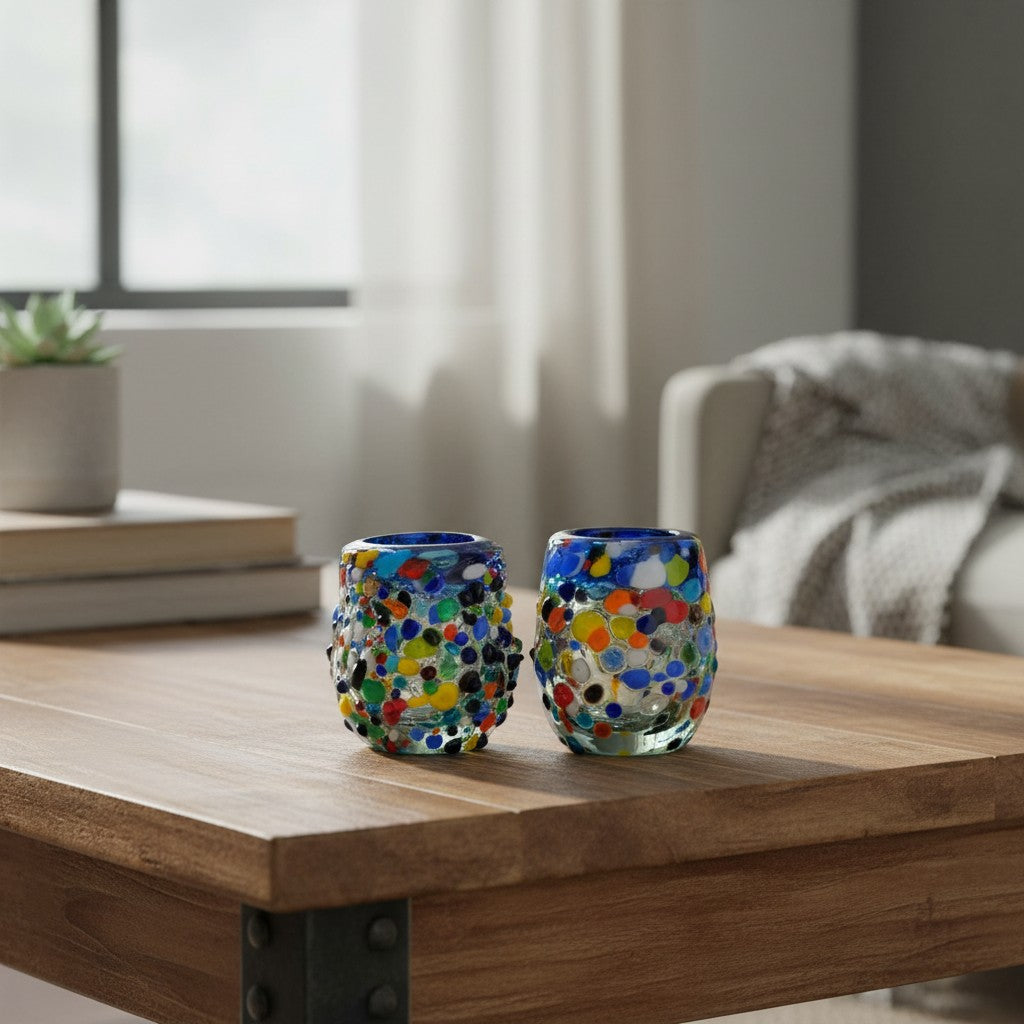 Hand-Blown Confetti Shot Glass | Blue Rim Mexican Glassware
