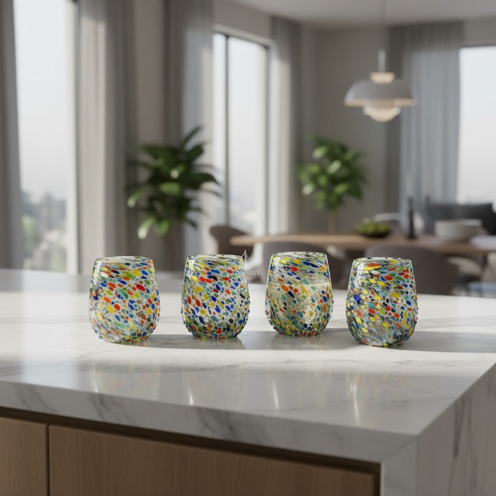 Confetti Stemless Wine Glass | Hand-Blown Mexican Pebbled Cup