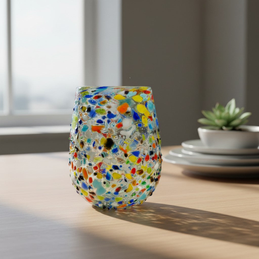 Confetti Stemless Wine Glass | Hand-Blown Mexican Pebbled Cup