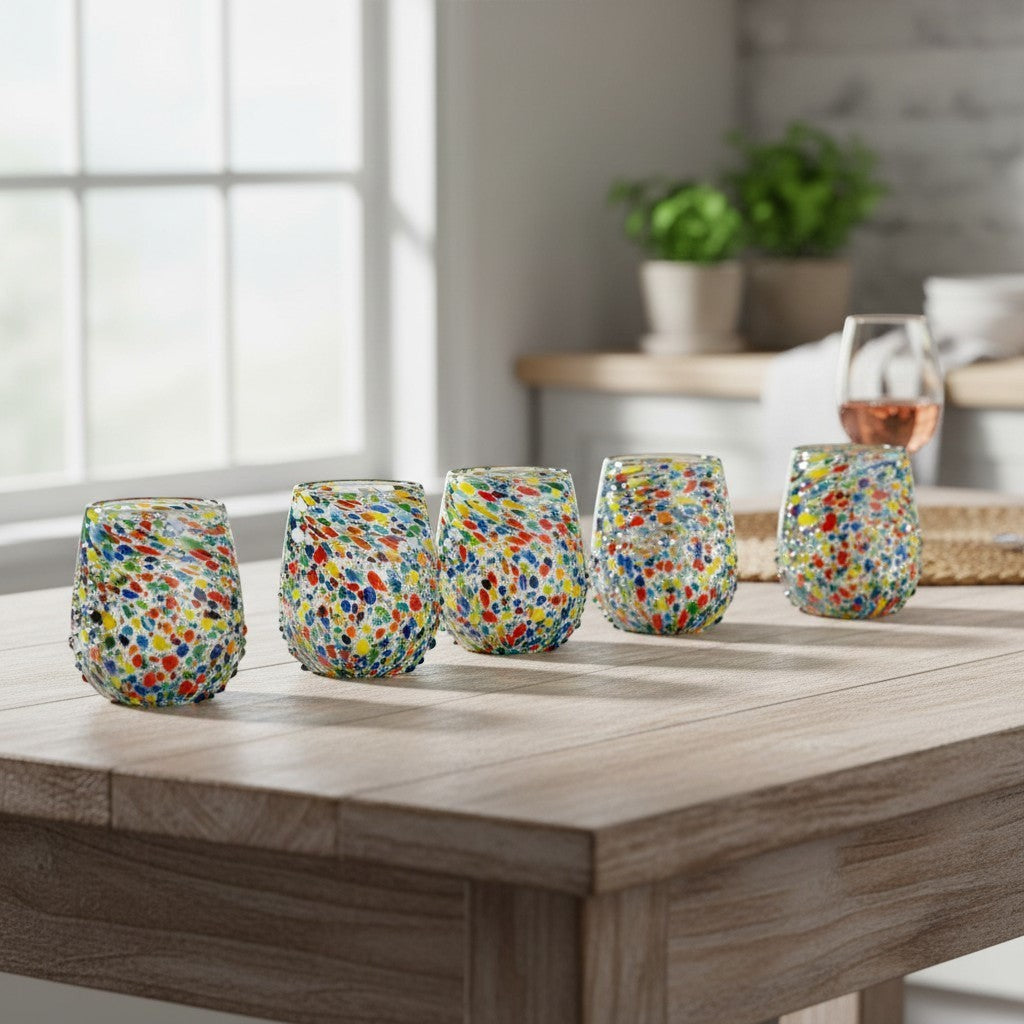 Confetti Stemless Wine Glass | Hand-Blown Mexican Pebbled Cup