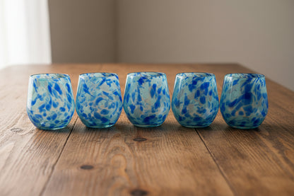 Hand-Blown Mexican Stemless Wine Glass | Blue and White Snow Pattern