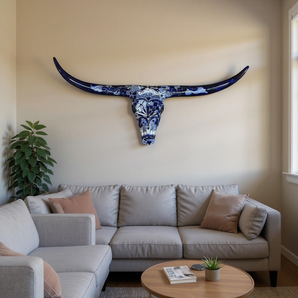 Talavera Longhorn Skull | Blue &amp; White Mexican Wall Art