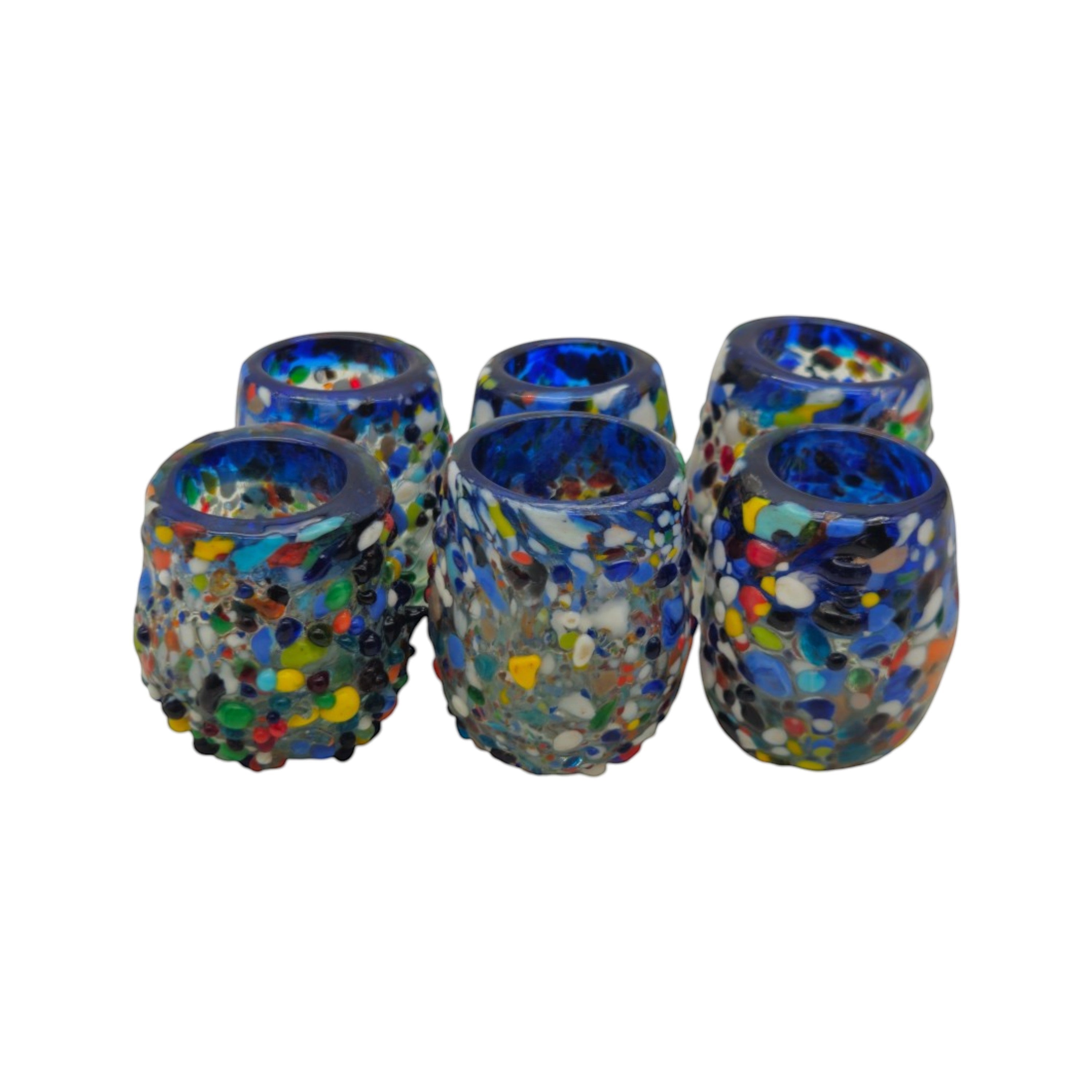 Hand-Blown Confetti Shot Glass | Blue Rim Mexican Glassware