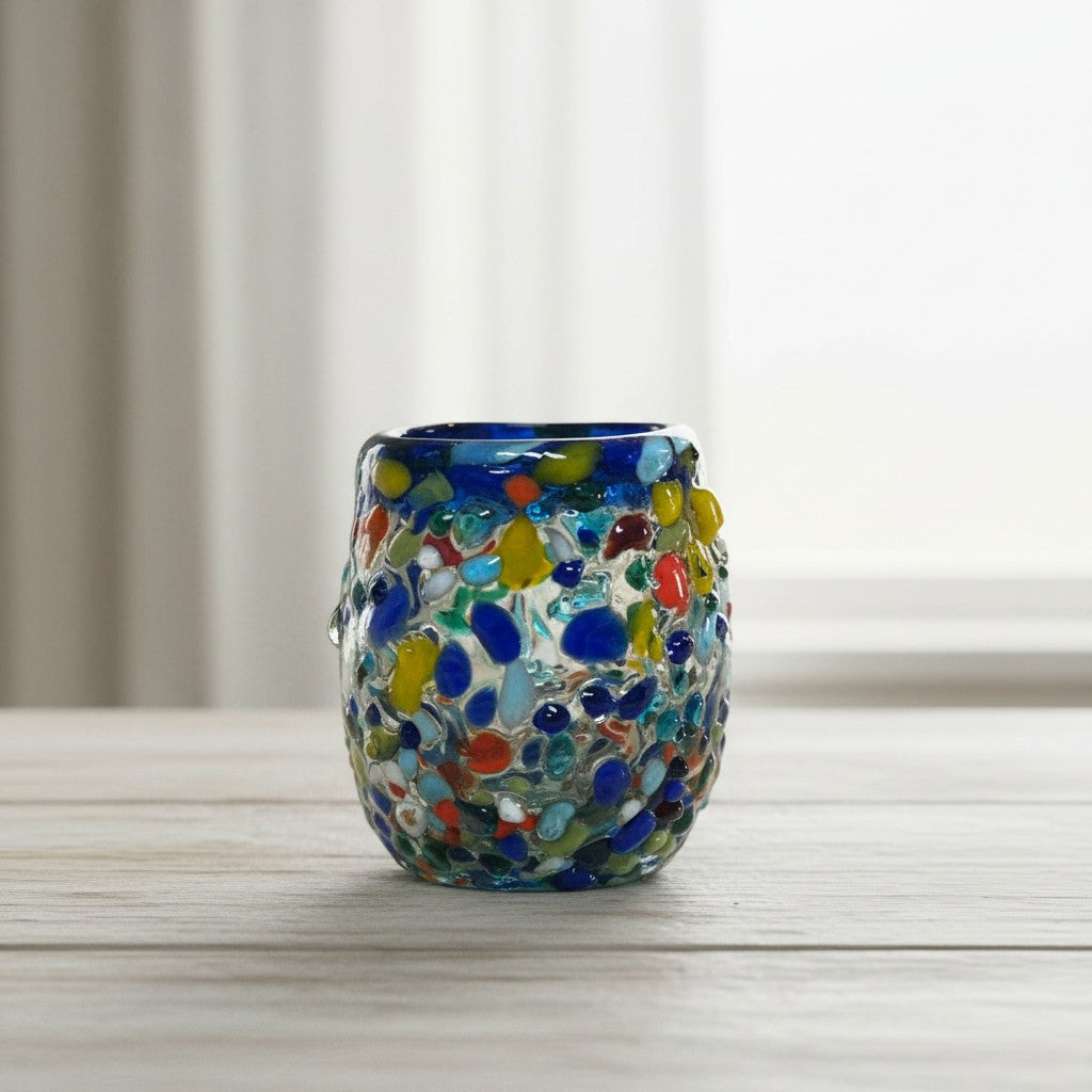 Hand-Blown Confetti Shot Glass | Blue Rim Mexican Glassware