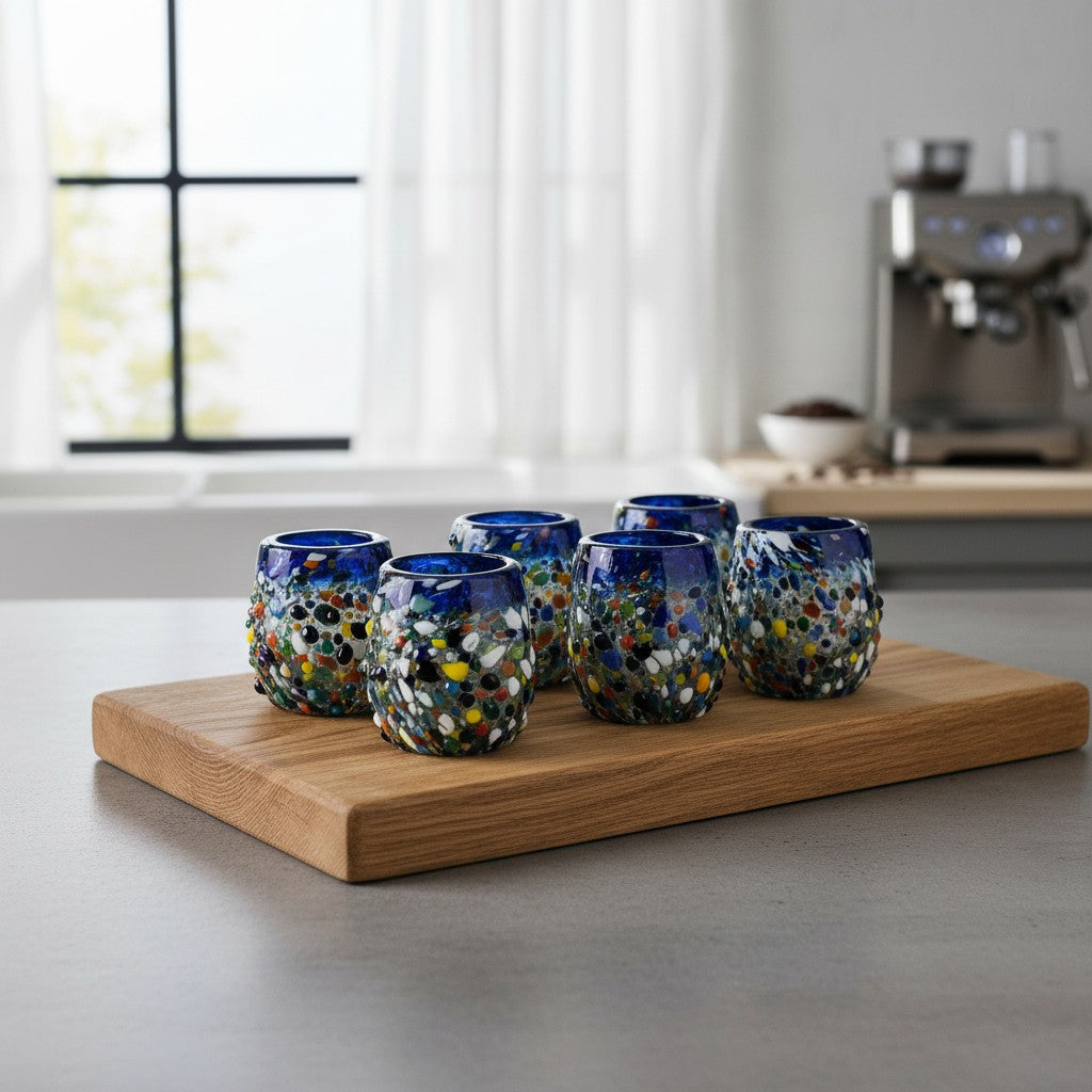 Hand-Blown Confetti Shot Glass | Blue Rim Mexican Glassware