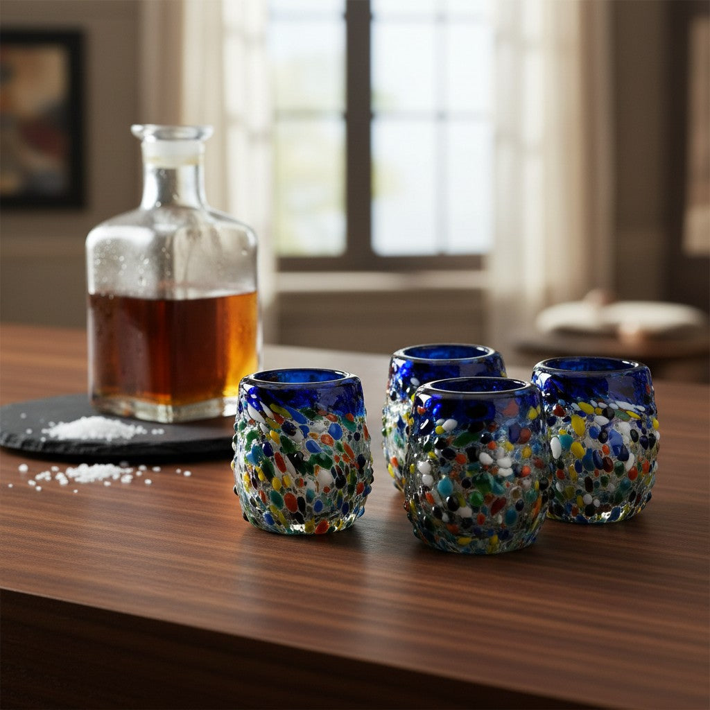Hand-Blown Confetti Shot Glass | Blue Rim Mexican Glassware