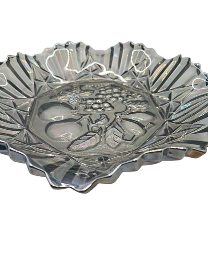 Vintage Grey Carnival Glass Bowl With Fluted Edges &amp; Raised Fruit