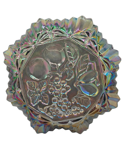 Vintage Grey Carnival Glass Bowl With Fluted Edges &amp; Raised Fruit