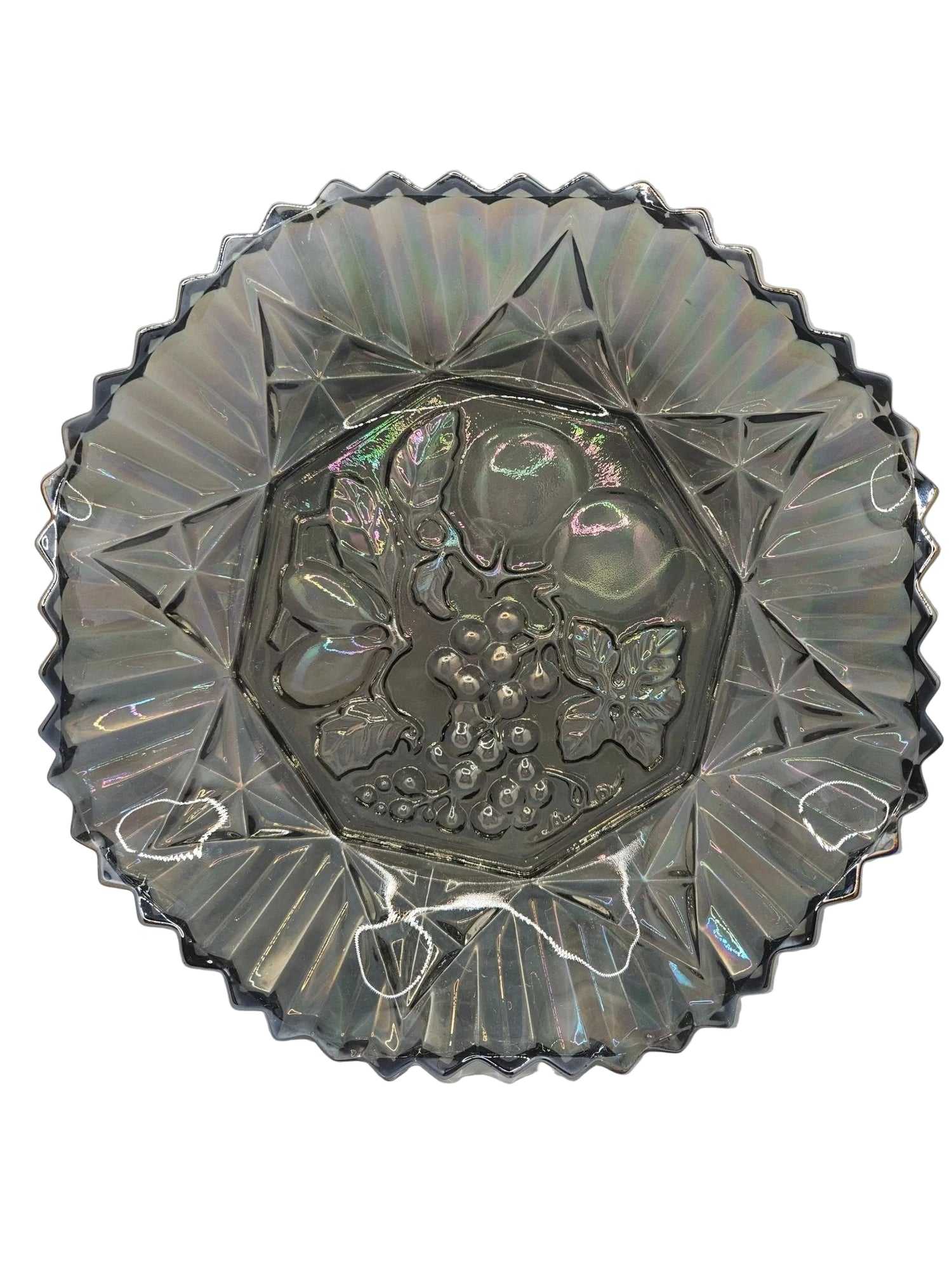 Vintage Grey Carnival Glass Bowl With Fluted Edges &amp; Raised Fruit