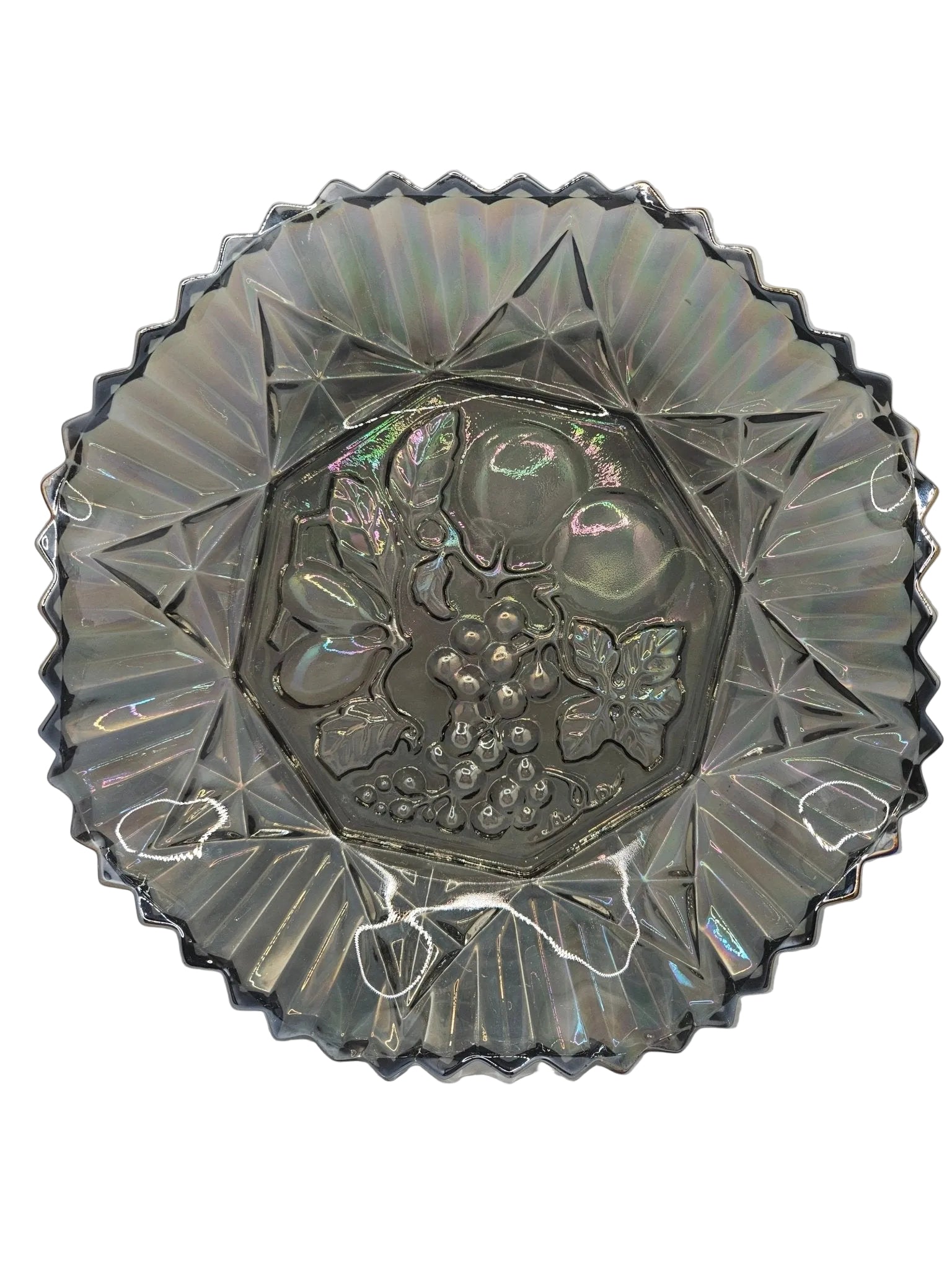 Vintage Grey Carnival Glass Bowl With Fluted Edges &amp; Raised Fruit
