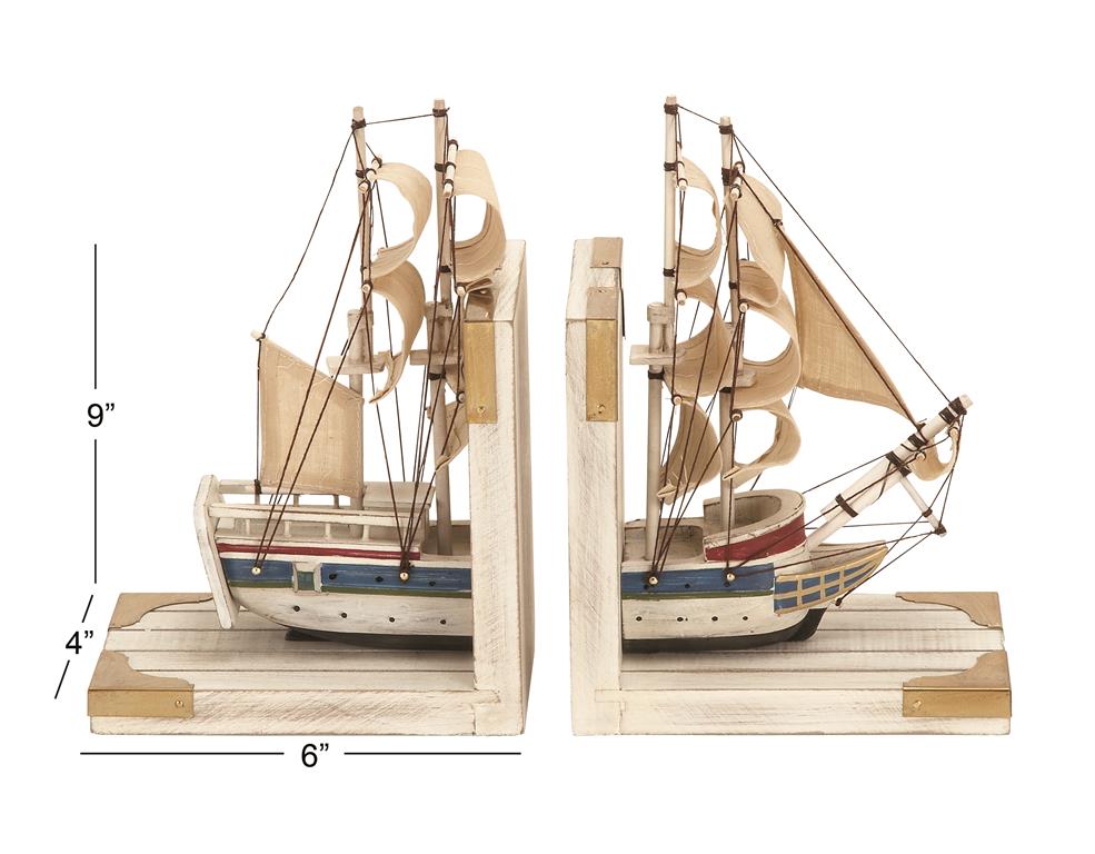 White Wood Sail Boat Bookends