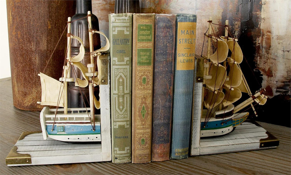 White Wood Sail Boat Bookends