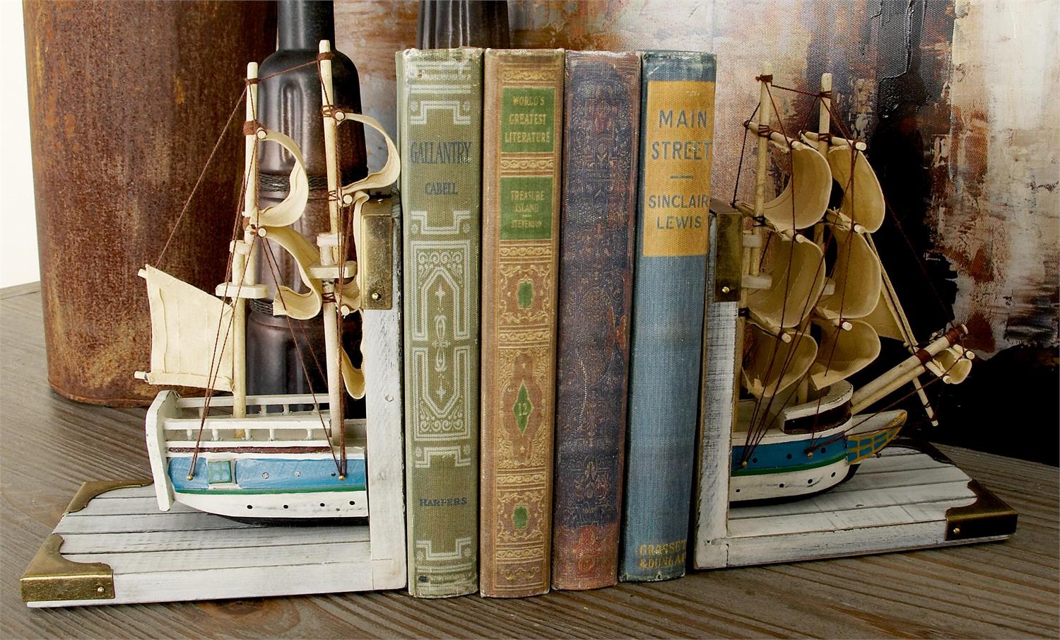 White Wood Sail Boat Bookends