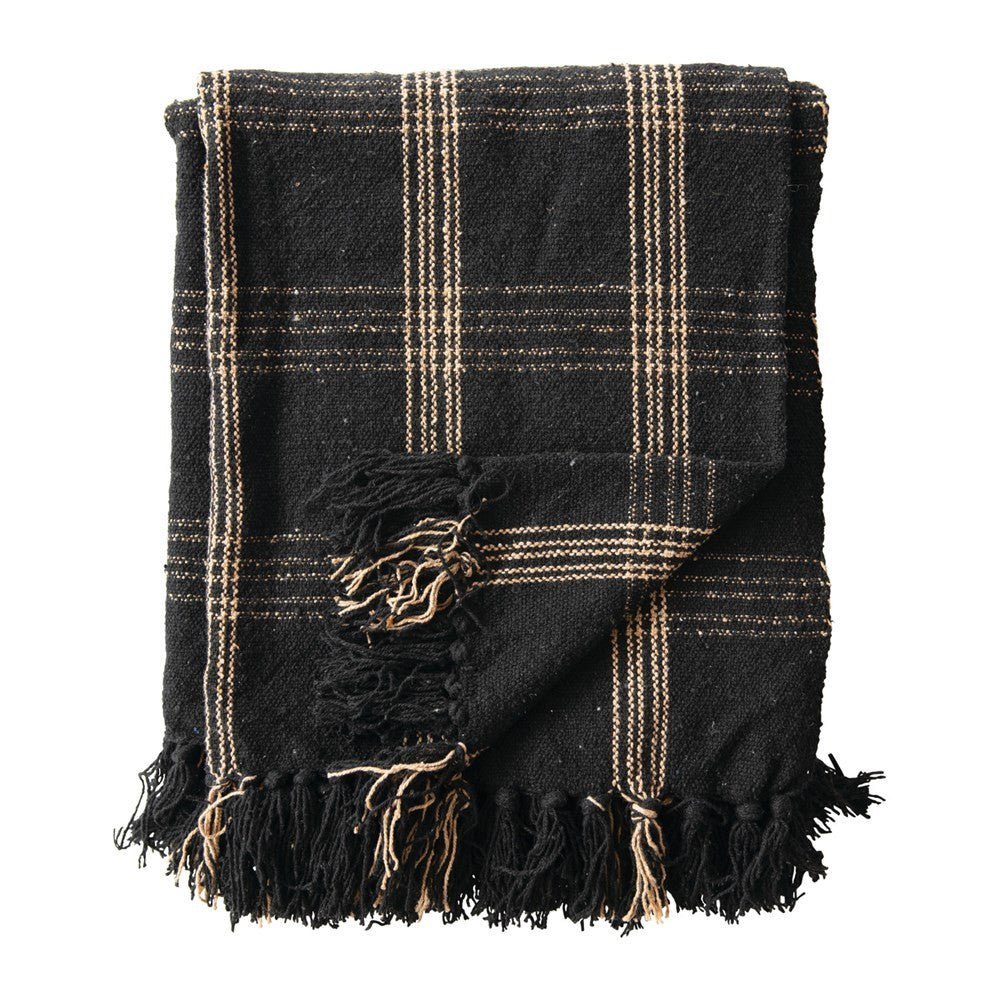 Woven Cotton Blend Throw Blanket with Fringe, Black &amp; Tan Plaid