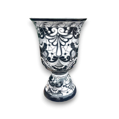 XL Black Talavera Planter | Hand-Painted Pedestal Flower Pot