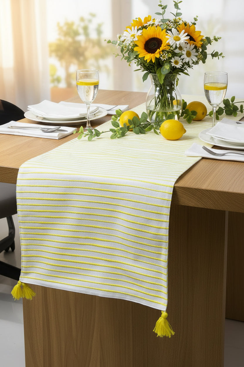 Cotton Table Runner with Yellow Stripes - 16"x90"